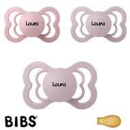BIBS Supreme Schnuller mit Namen, Symmetrisch Latex Gr. 2, 2 Dusky Lilac, 1 Pink Plum, 3'er Pack